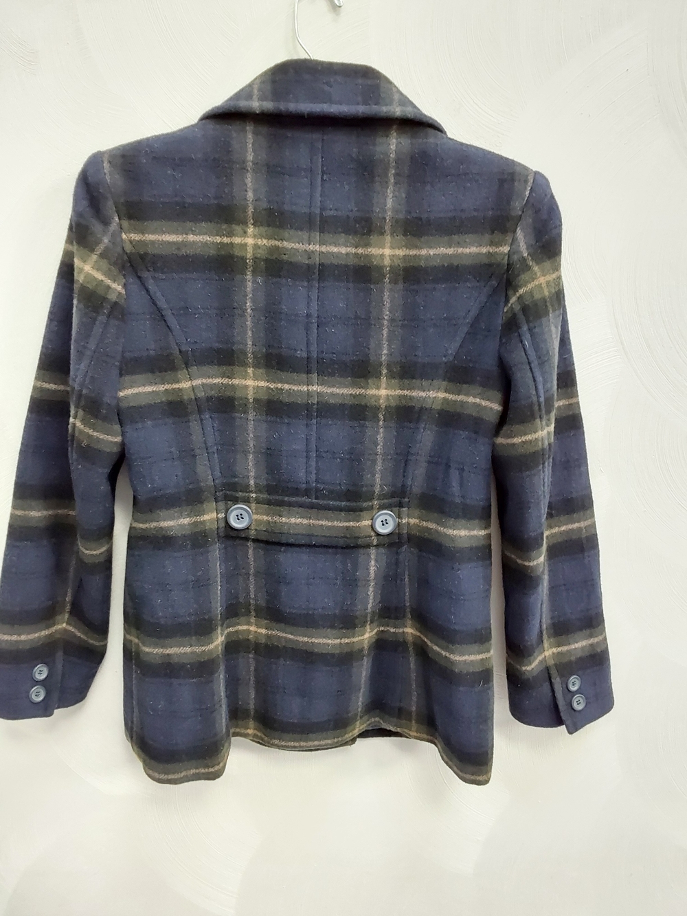 Vintage Navy Blue Plaid Double-Breasted Wool  Peacoat 6 - Picture 5 of 7